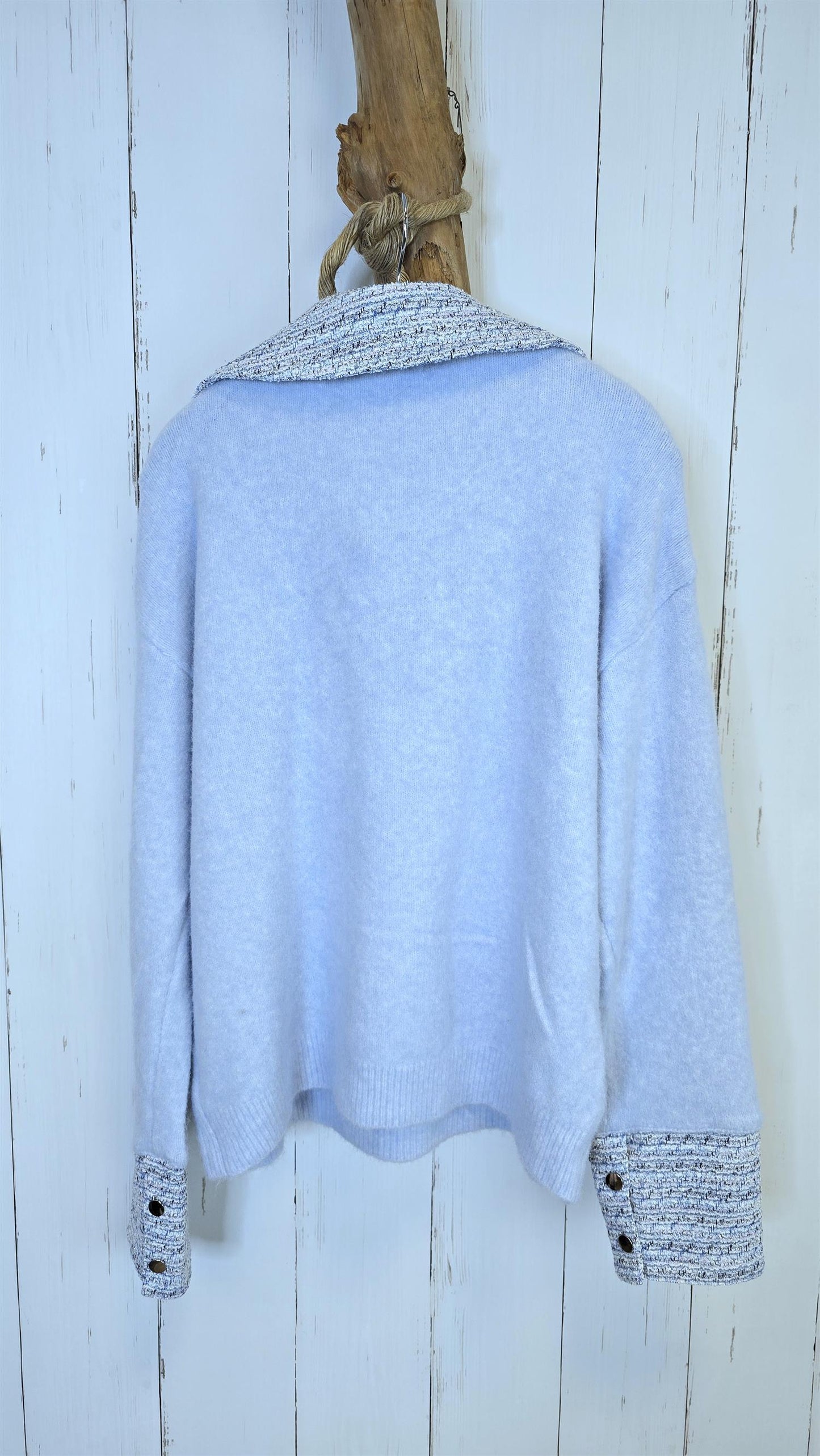 Rosita strikkegenser med tweed-detaljer blå