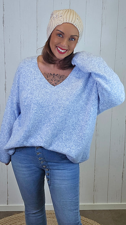 Ella Myk Strikket V-hals Genser Blå