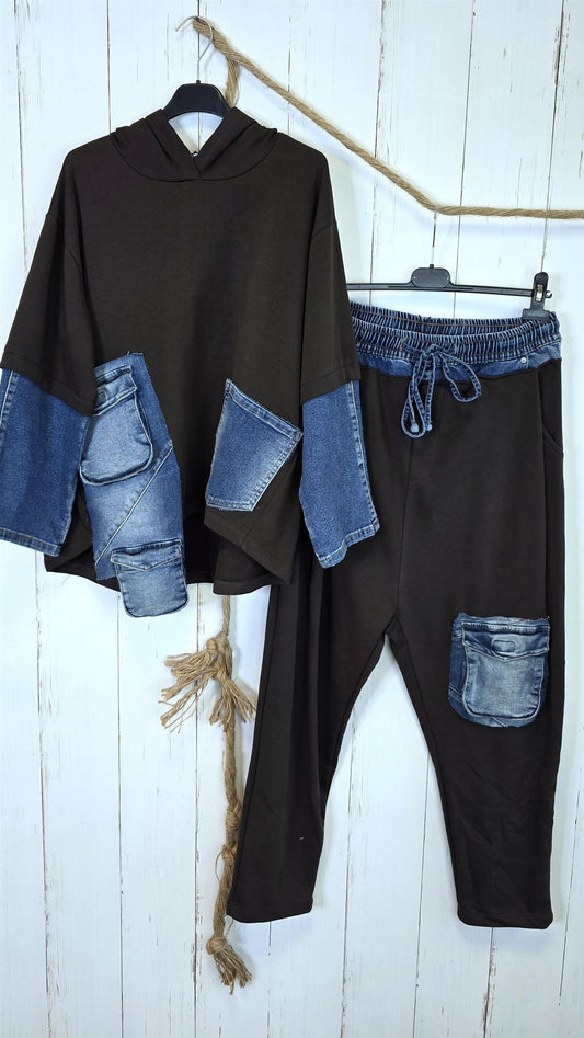 Nora Sett med denimdetaljer Brun