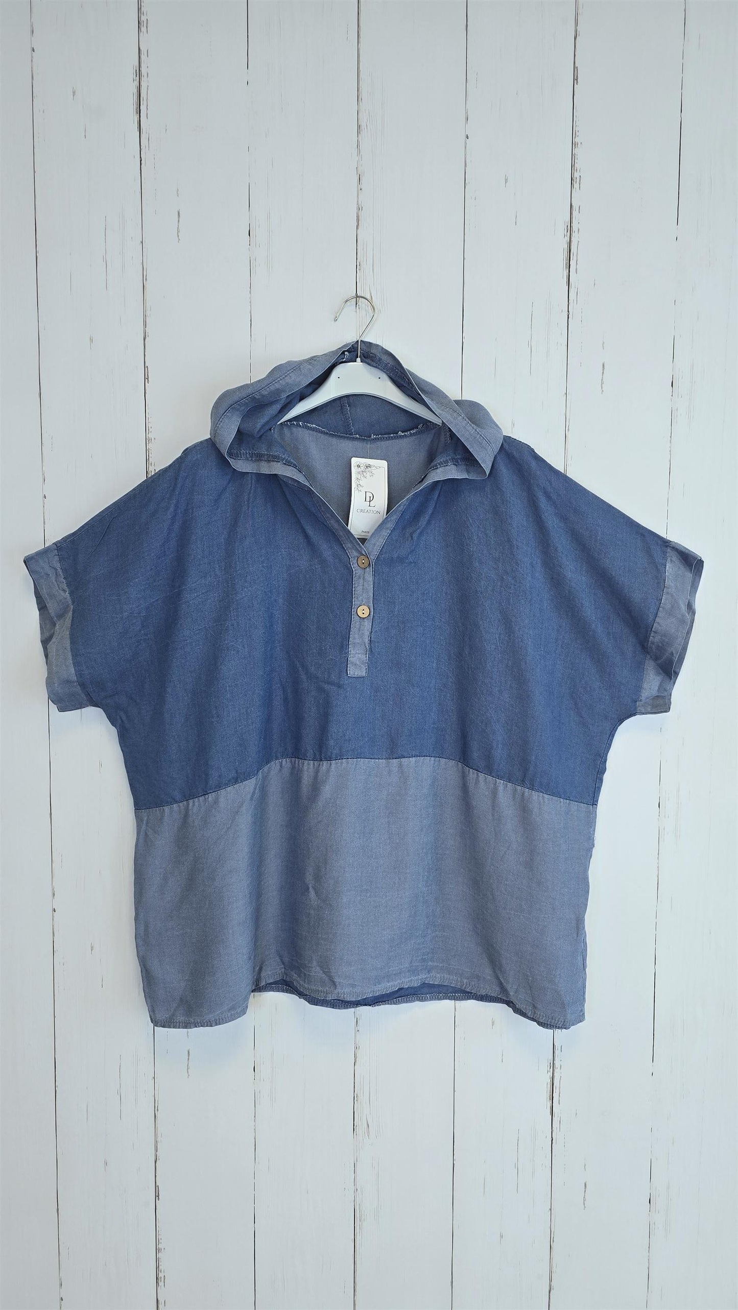 Denimlook Topp med Hette blå denim