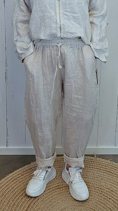 Beige linbukse med elastisk liv
