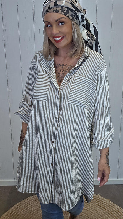 Sally stripet skjortekjole taupe