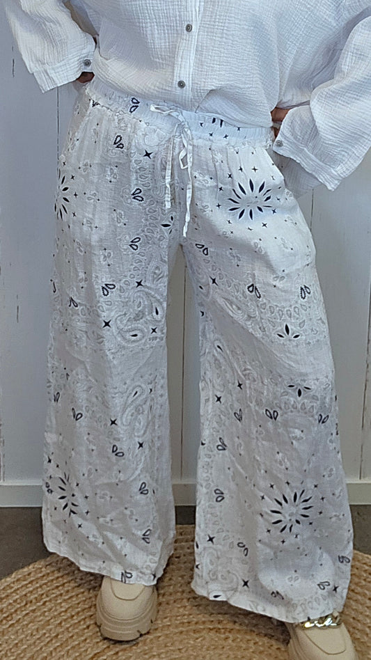 Ella linbukse med mønster hvit