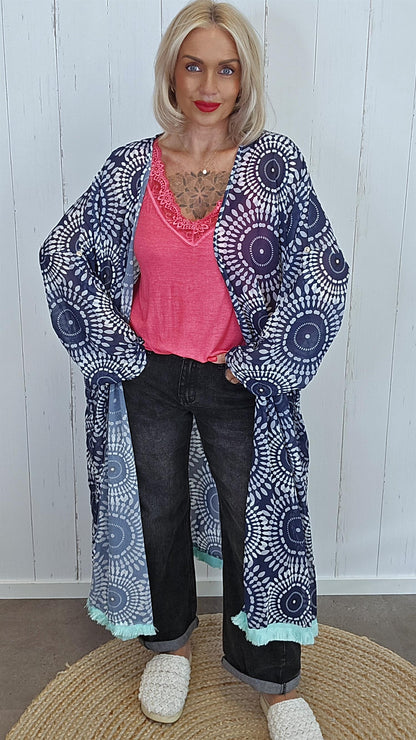 Lang kimono med print navy