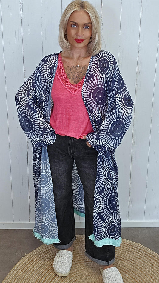 Lang kimono med print navy