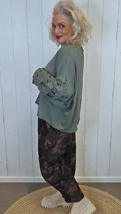Livia oversized topp med blondeermer kaki