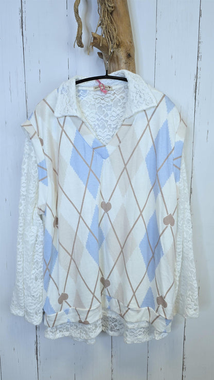 Argyle vest med blondetopp blå