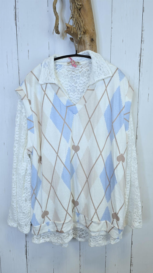 Argyle vest med blondetopp blå