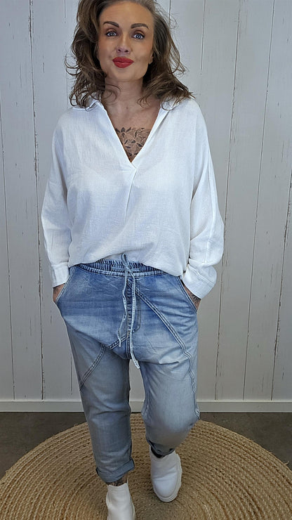 Elise bomull- og lintopp med krage