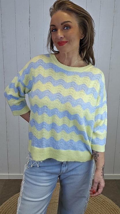 Greta strikkegenser blå/gul