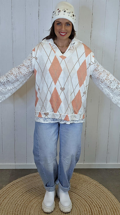 Argyle vest med blondetopp orange