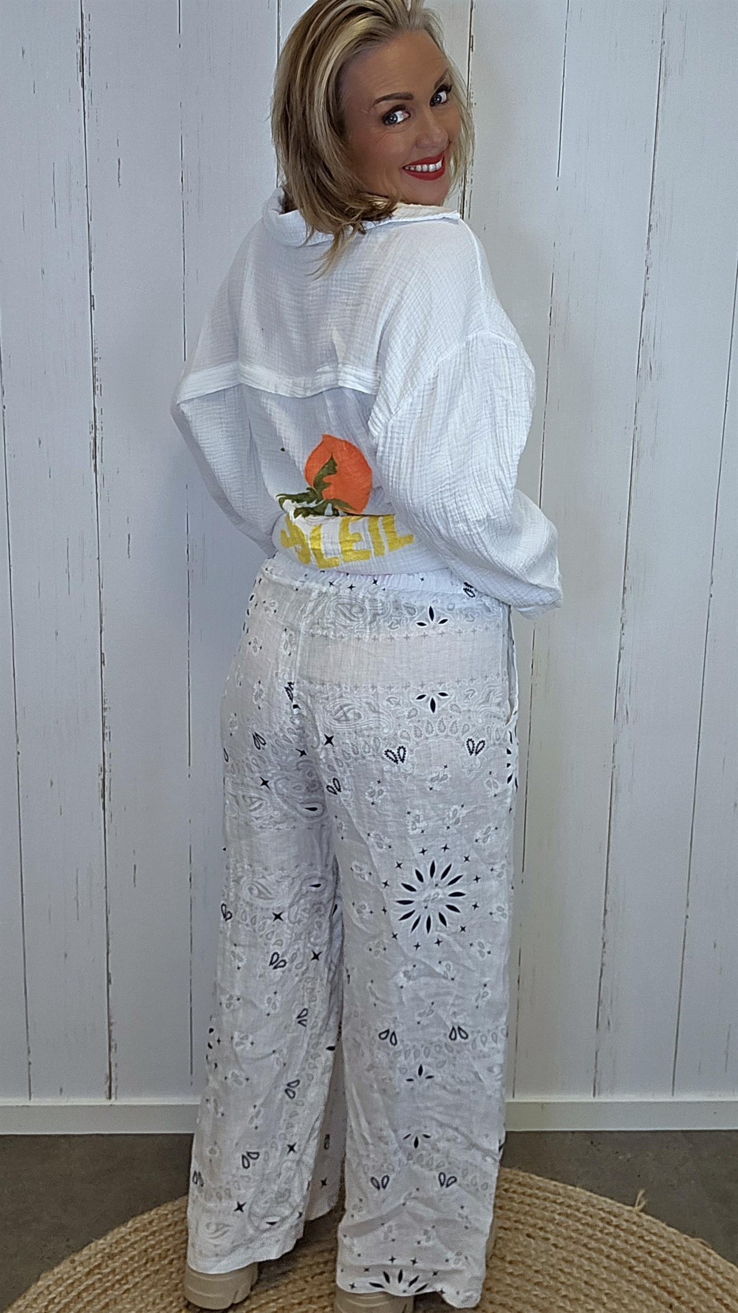 Ella linbukse med mønster hvit