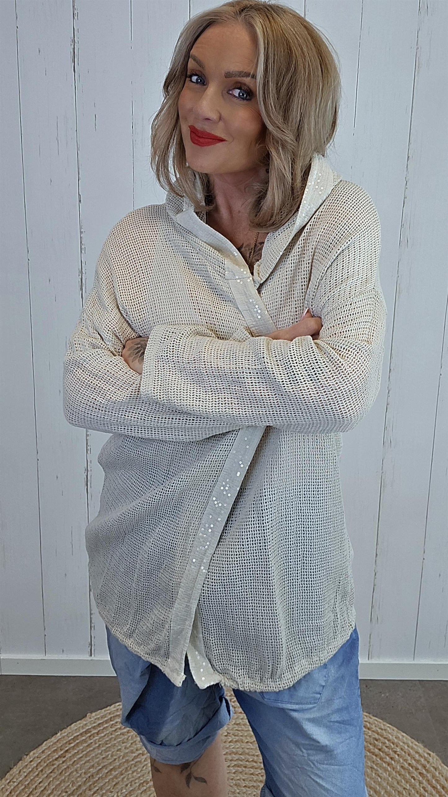 Helene hettejakke med paljettkant sand