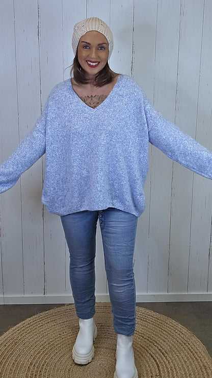 Ella Myk Strikket V-hals Genser Blå