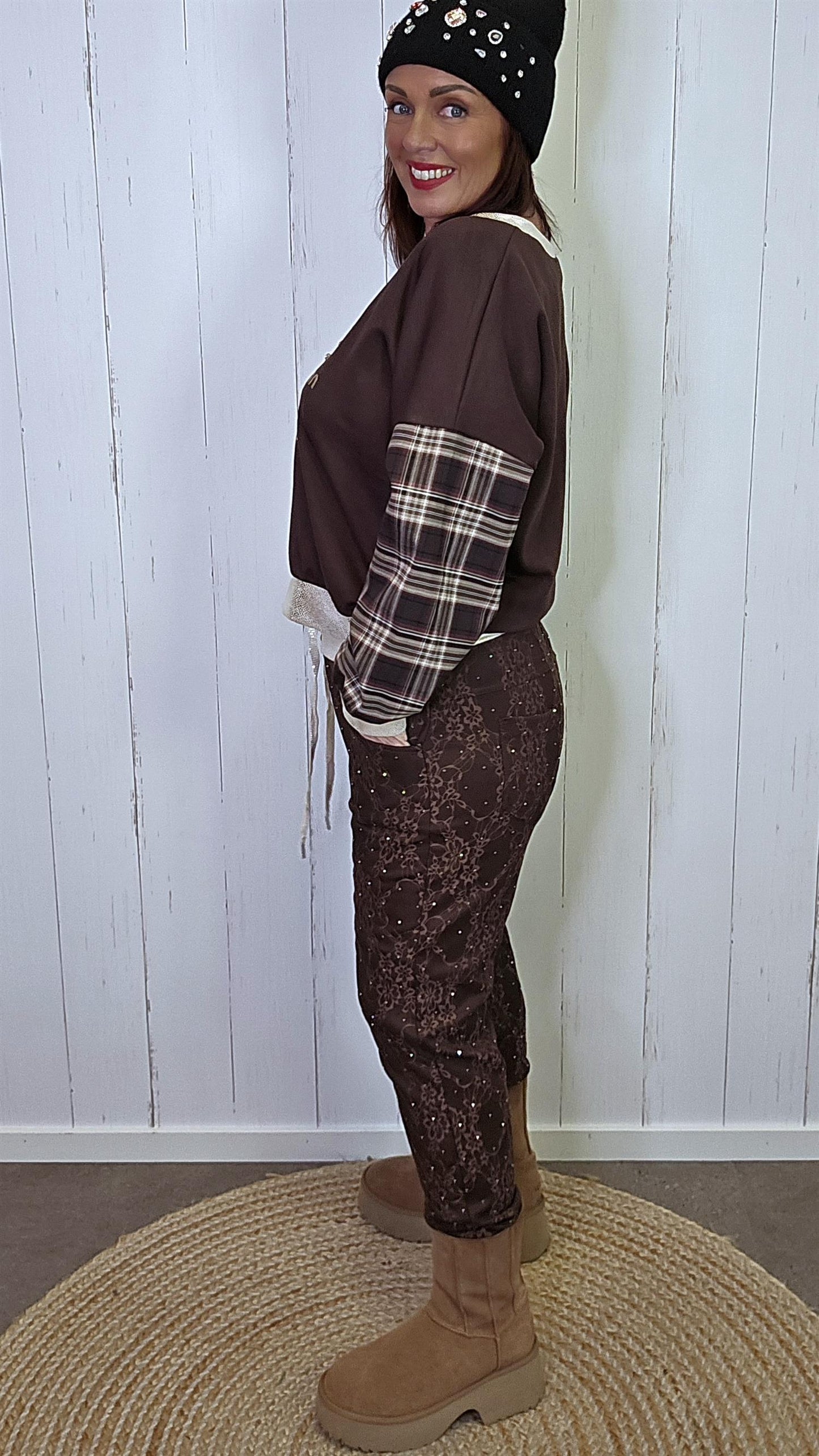 Amalie brune bukser med blonde og shimmer