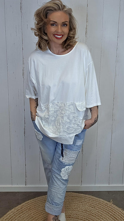 Lene topp med blondepanel offwhite