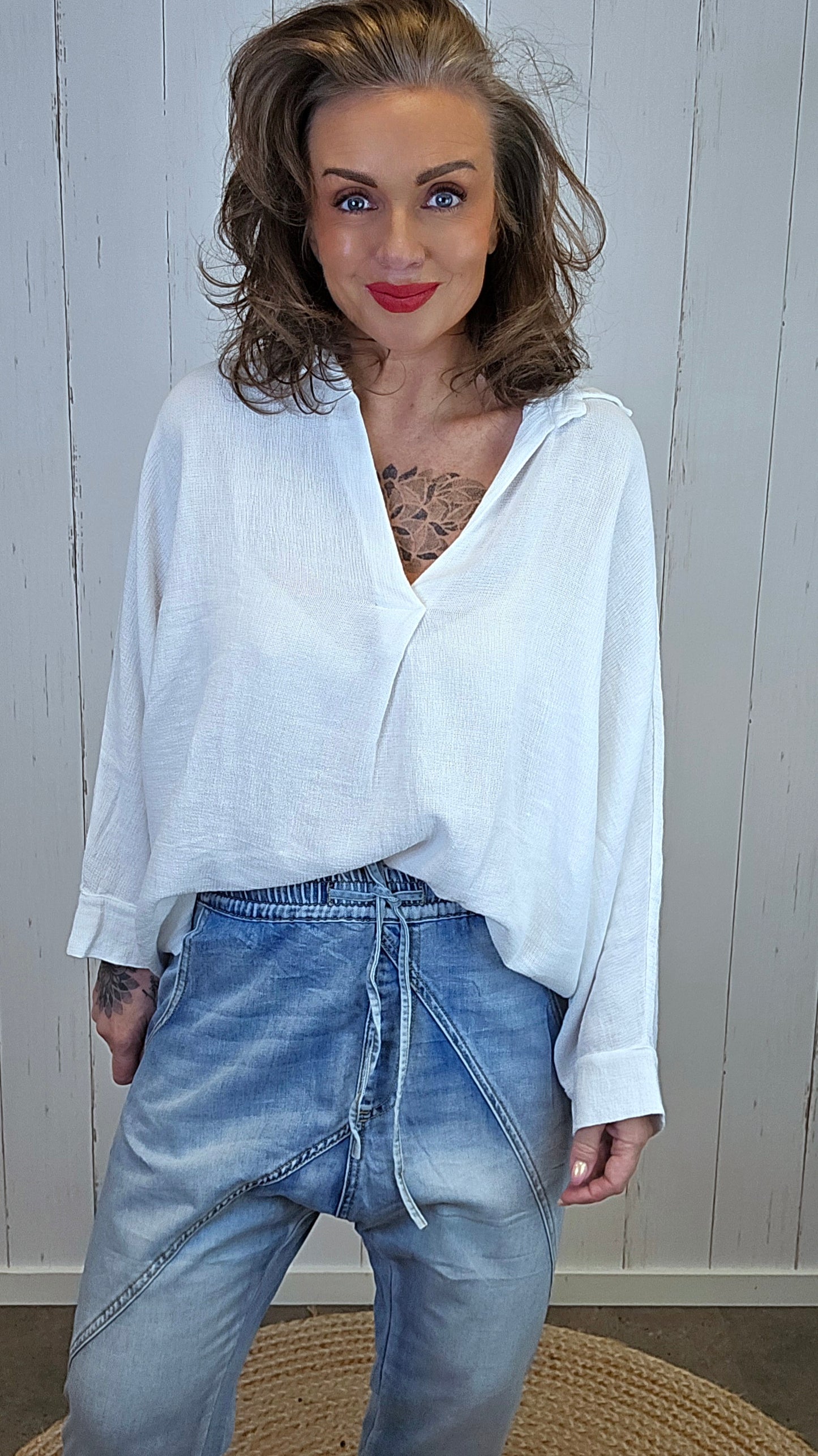 Elise bomull- og lintopp med krage