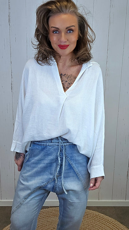 Elise bomull- og lintopp med krage