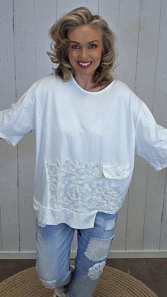 Lene topp med blondepanel offwhite