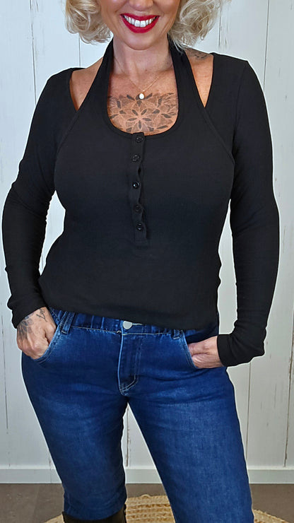 Jade ribbet lag-på-lag topp svart
