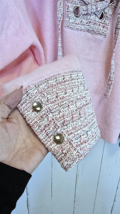 Rosita strikkegenser med tweed-detaljer rosa