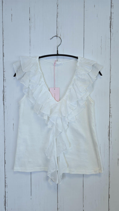 Rebecka ribbet singlet med volanger Hvit