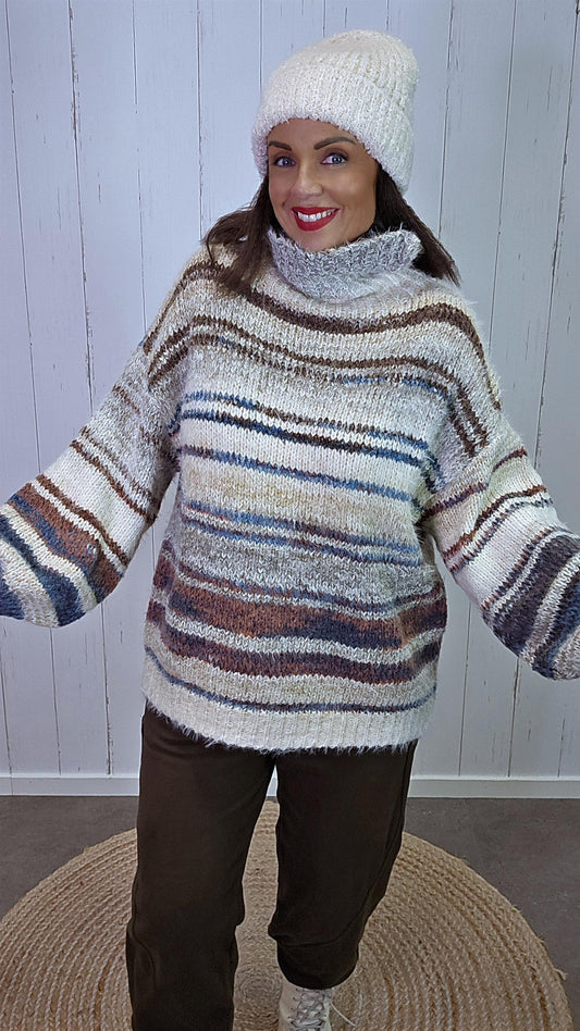 Ingrid stripete høyhalset genser brun/beige