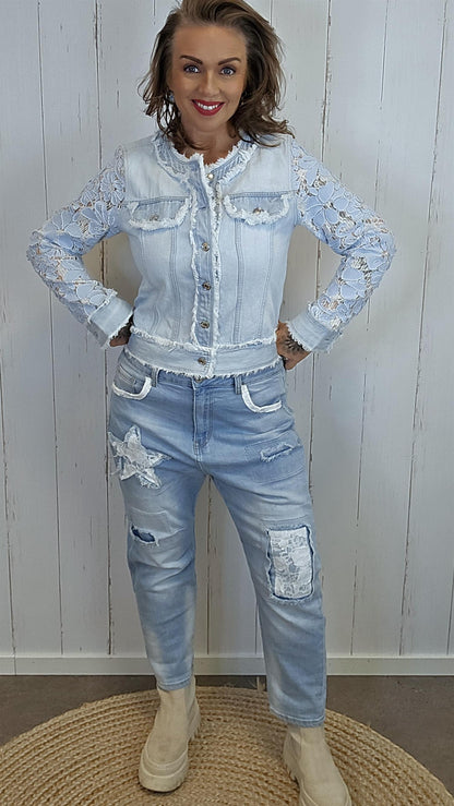 Pia denimjakke med blonder lysblå