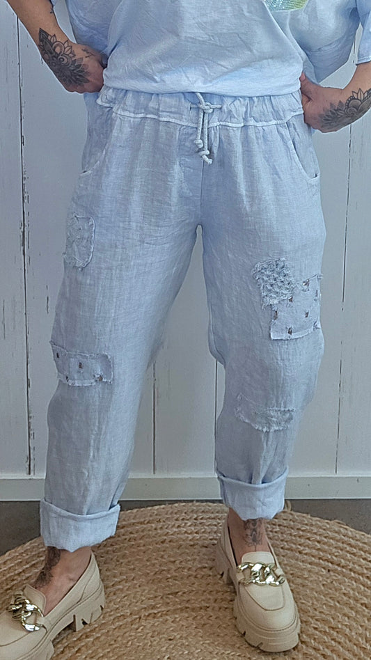 Linbukse med patch-detaljer blå