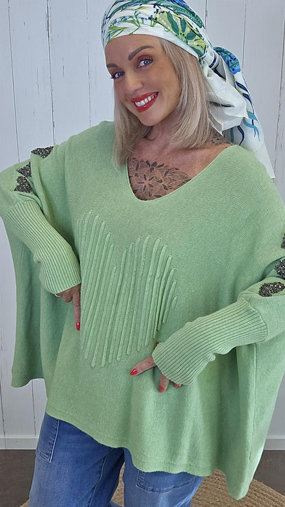 Strikket Ponchogenser med Hjerte grønn