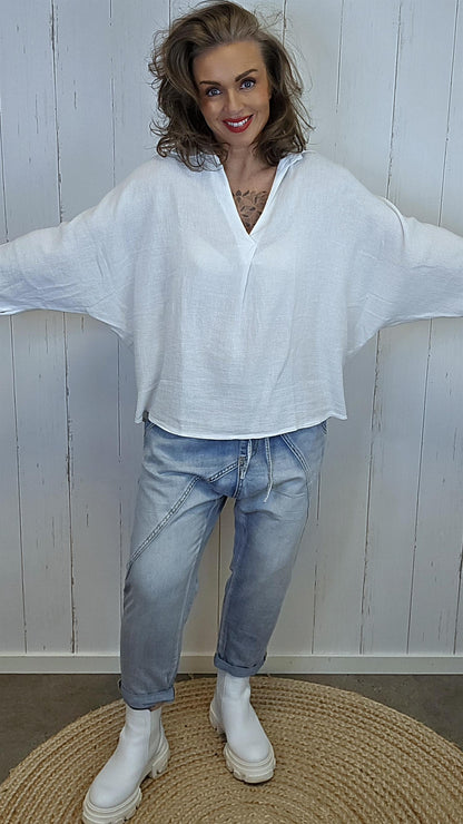 Elise bomull- og lintopp med krage