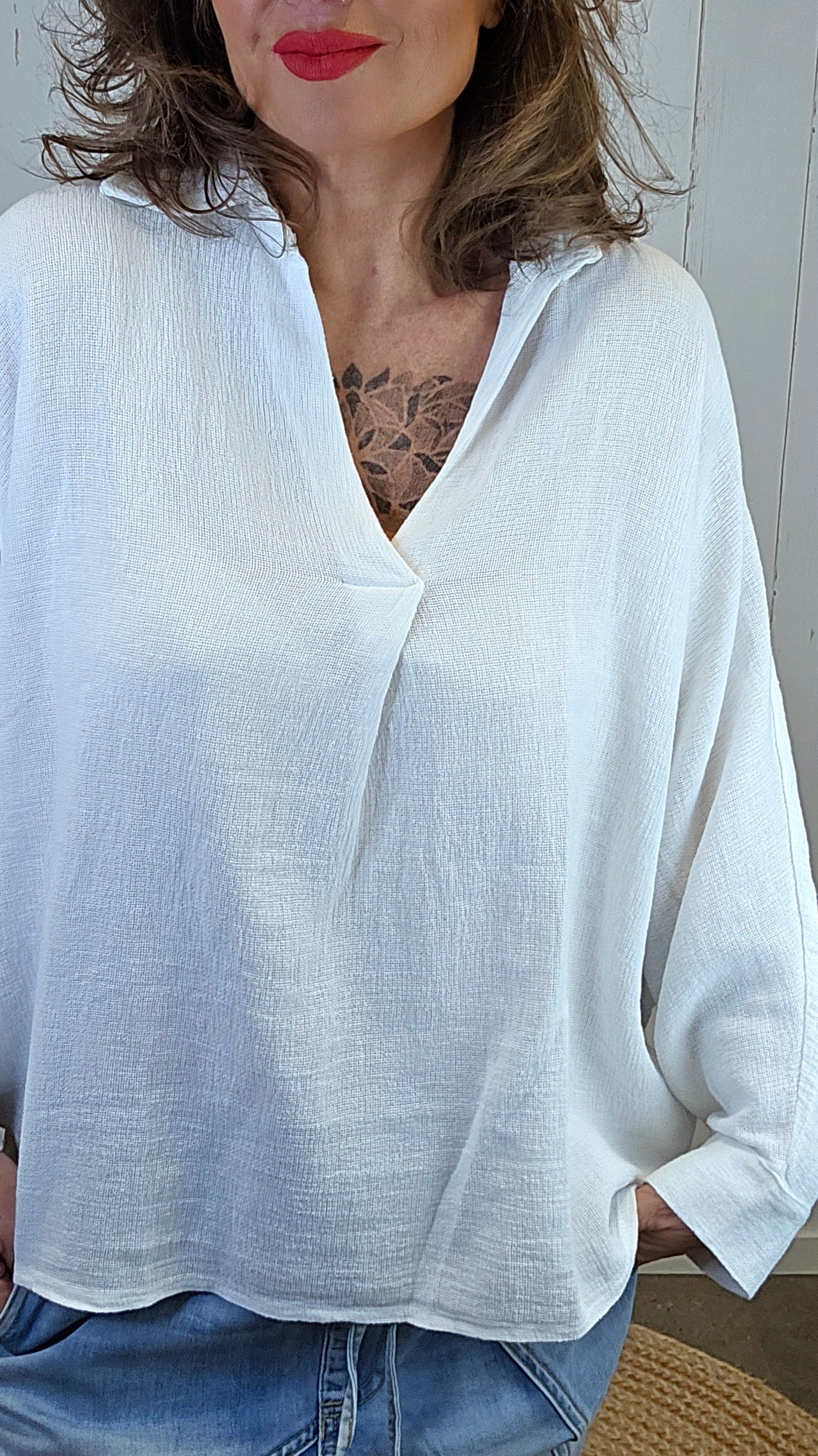 Elise bomull- og lintopp med krage