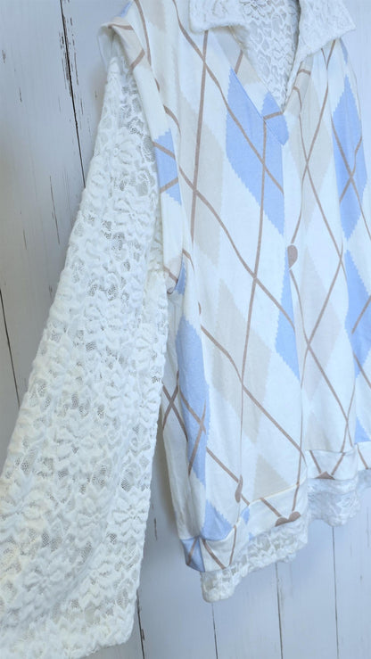 Argyle vest med blondetopp blå