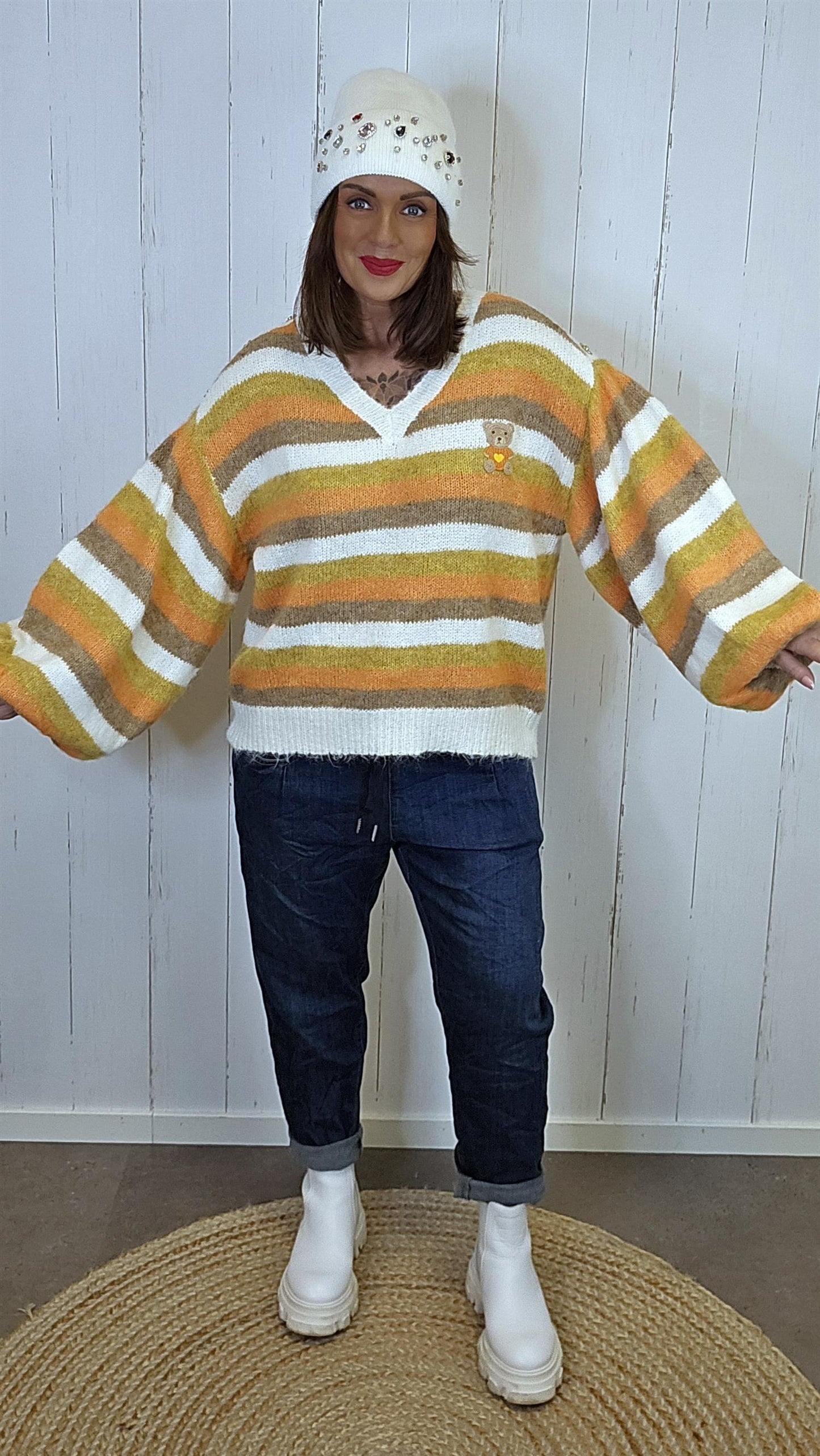 Stripet strikkegenser med teddy