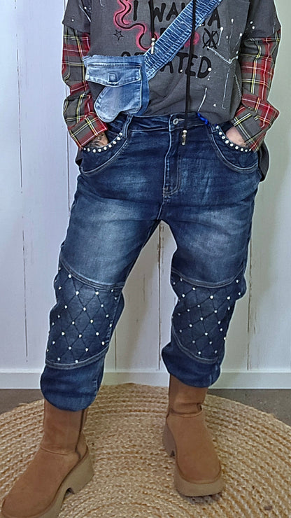 Oline mørkeblå jeans med perledetaljer