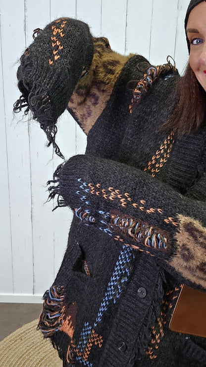 Rikke sort cardigan med leoparddetaljer