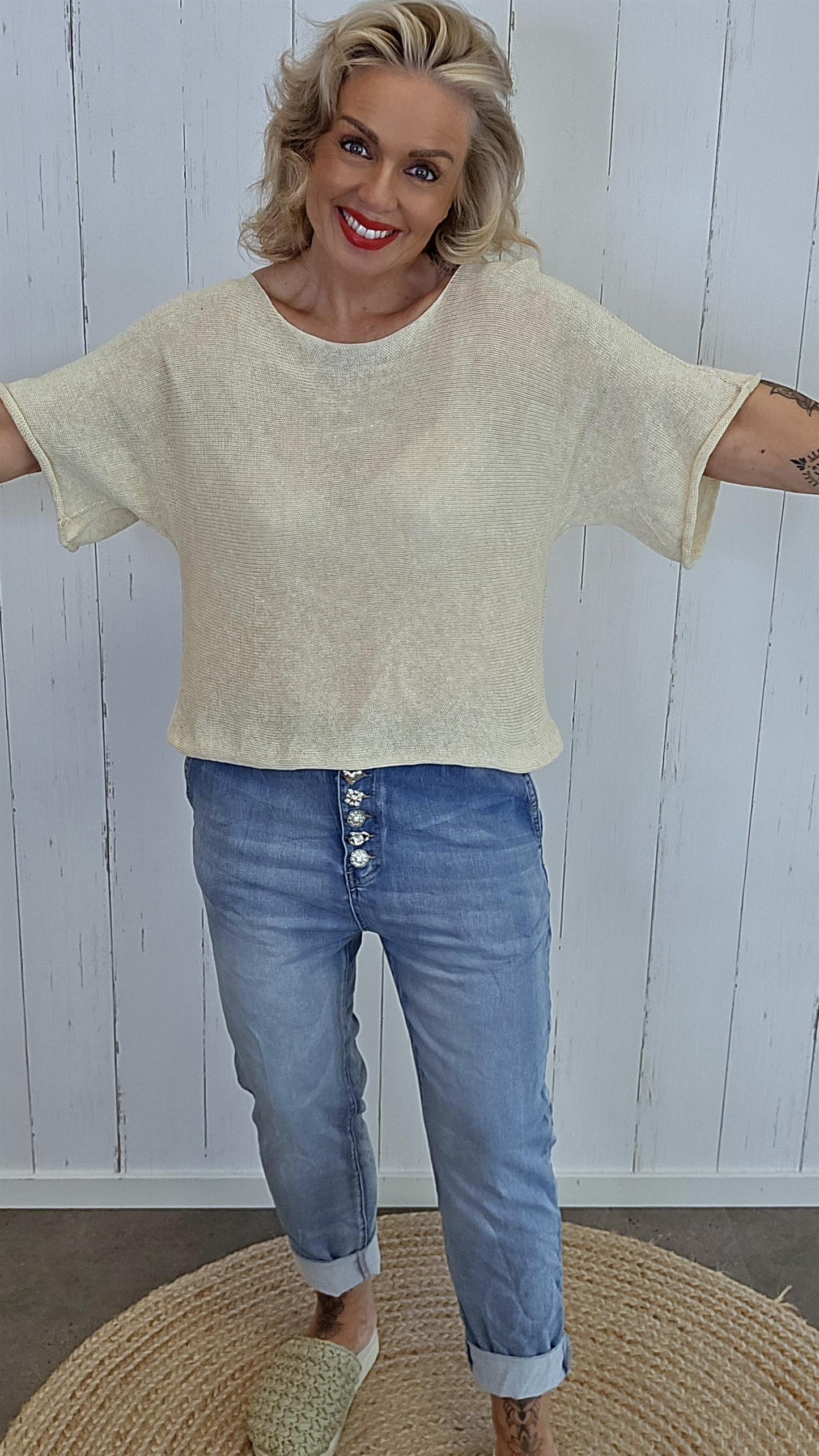 Julie Strikket Bomullstopp beige