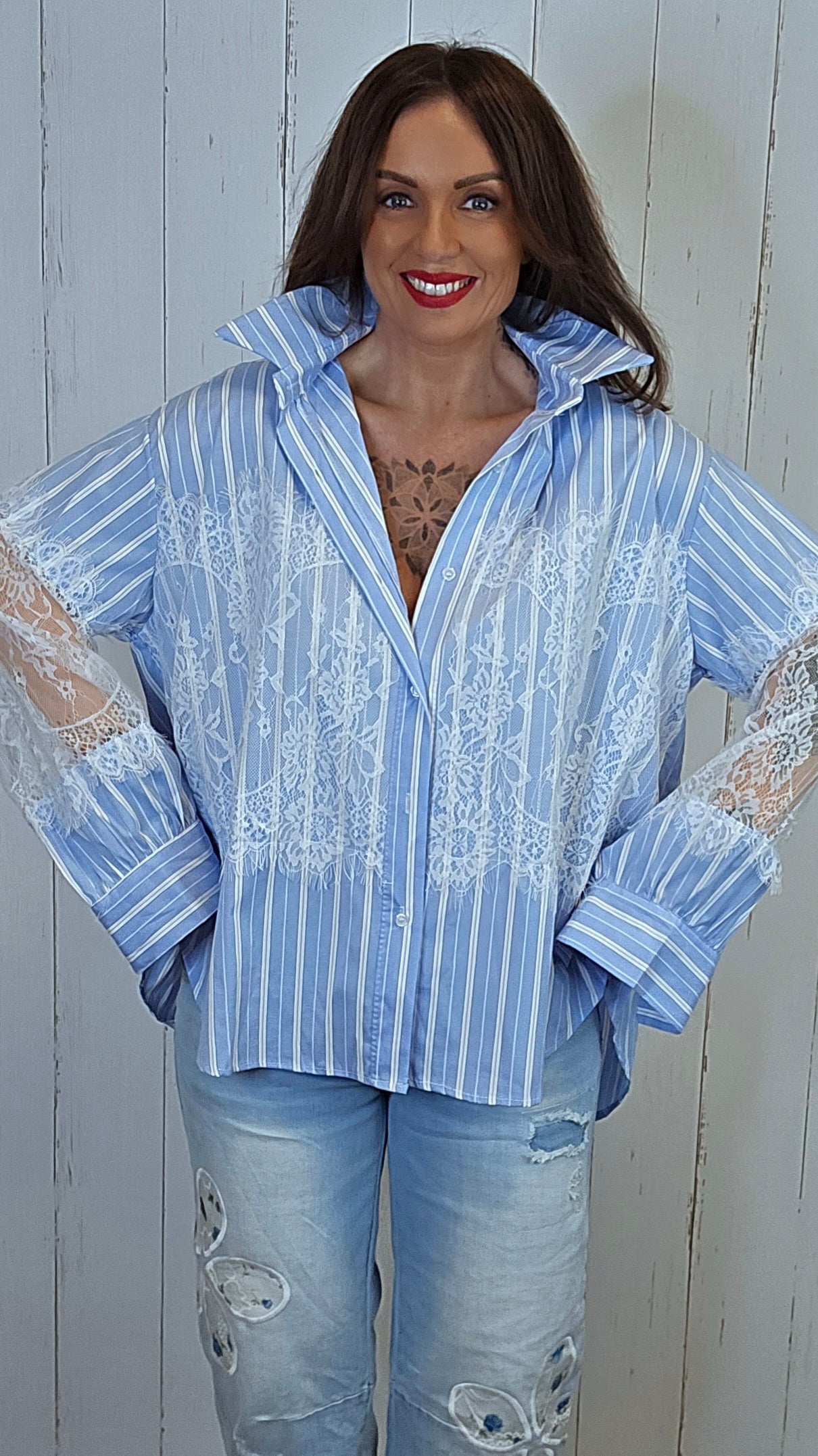 Celine Stripete Skjorte Med Blonder blå