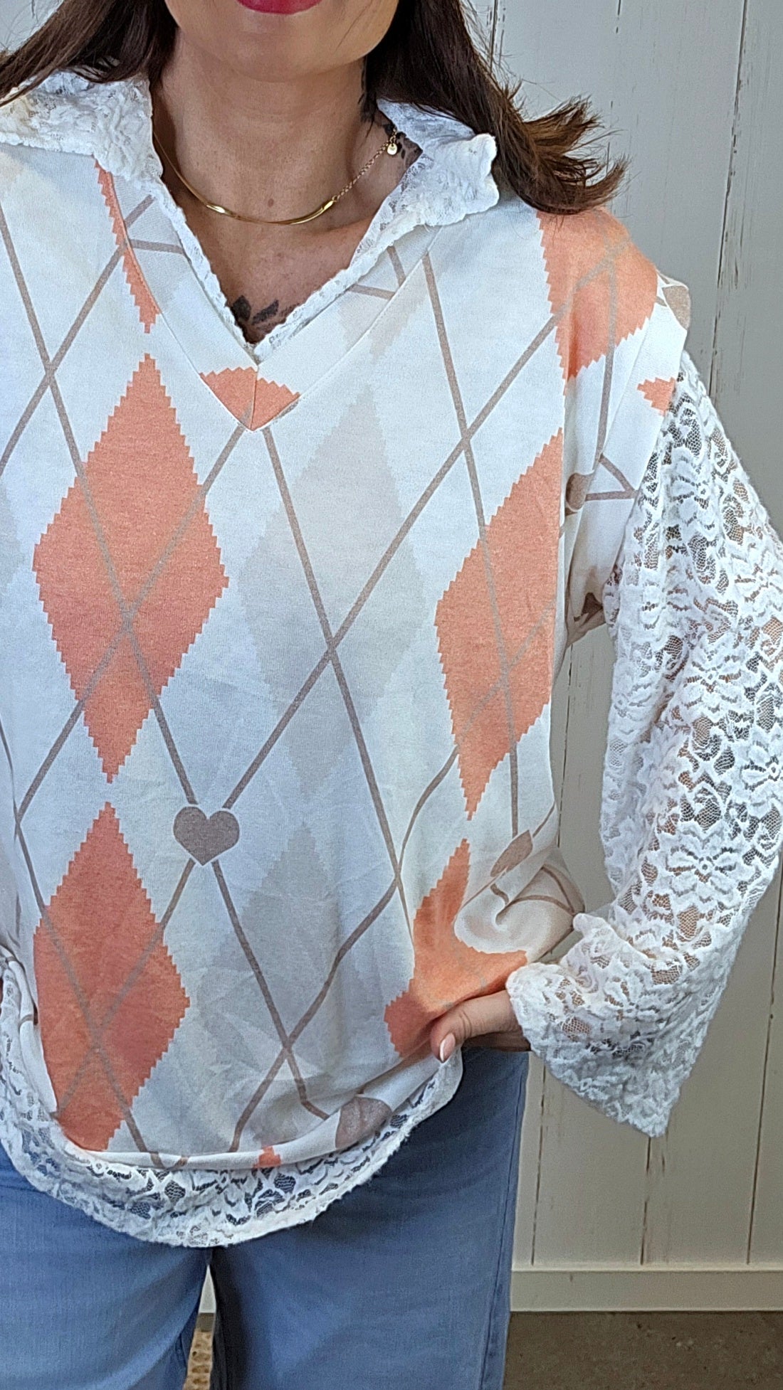 Argyle vest med blondetopp orange