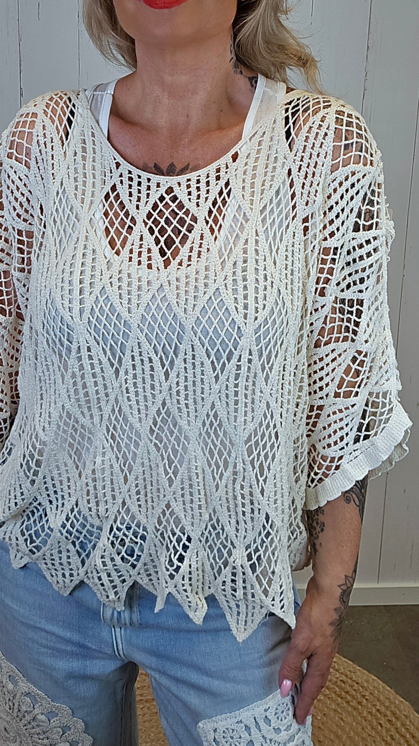 Clara ponchotopp heklet beige