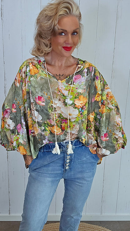 Nicole bluse med print kaki