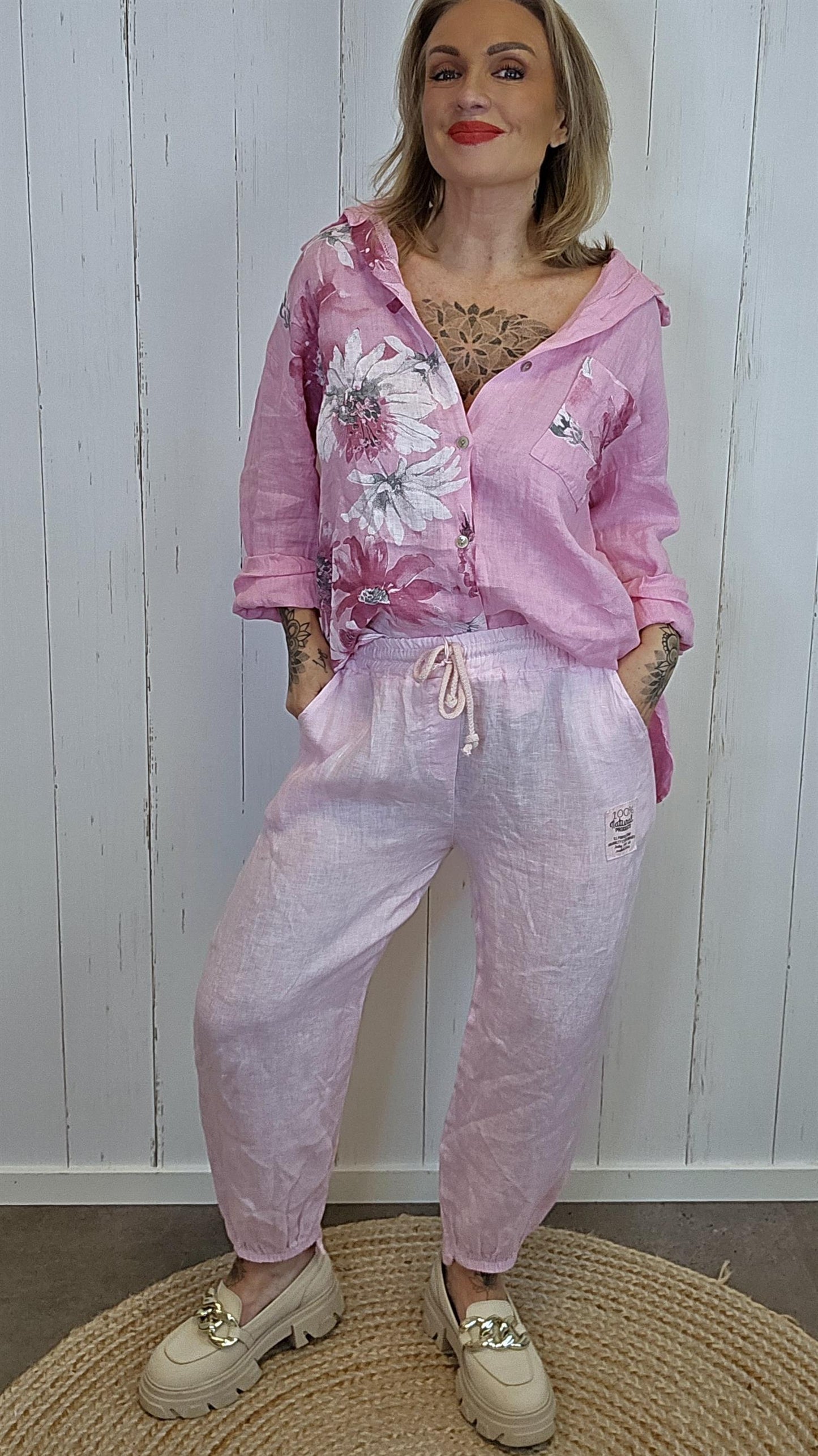 Ginny linbukse med strikk rosa