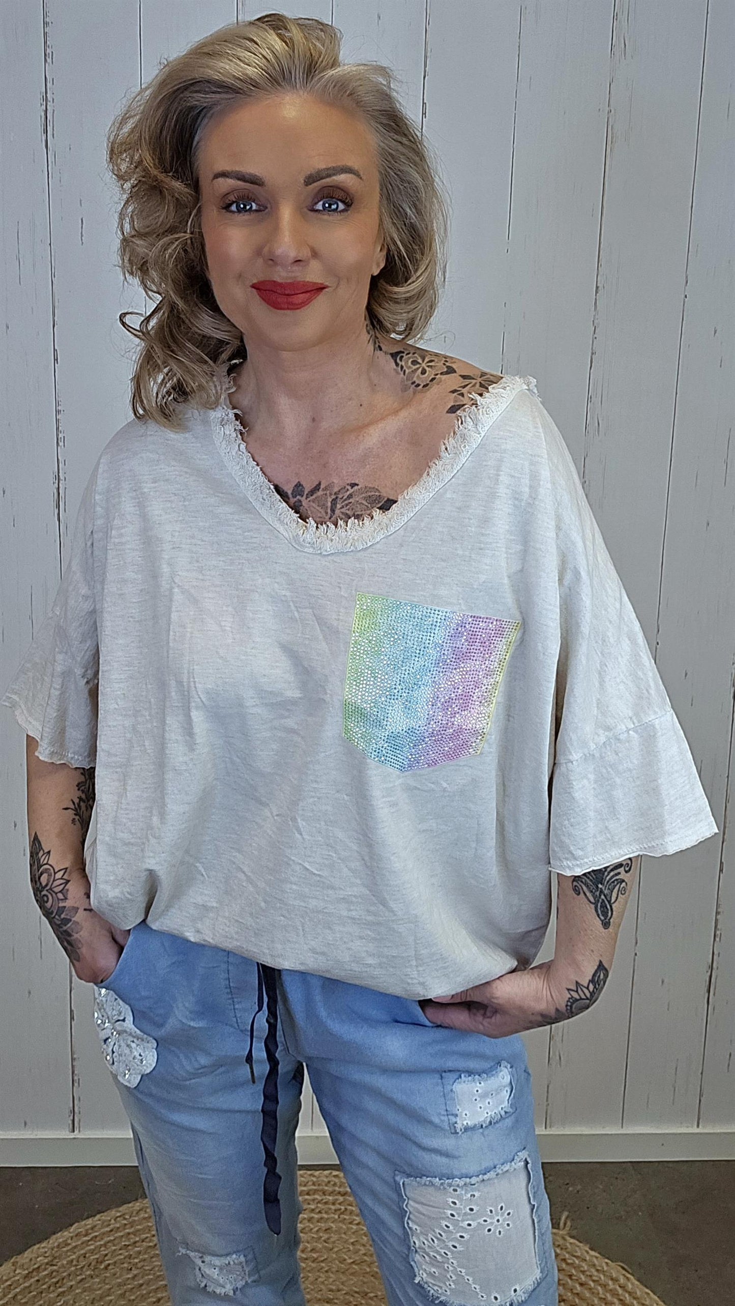 Carla shimmer topp beige