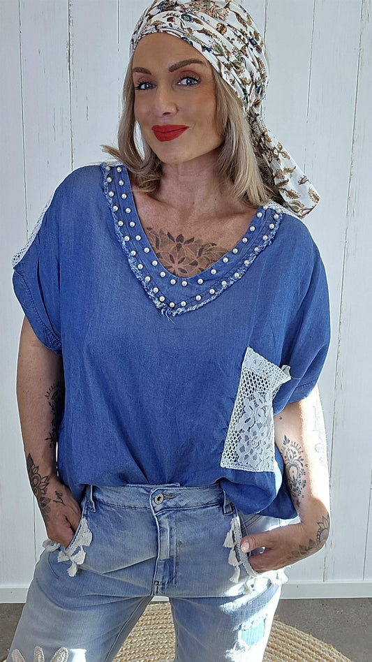 Danie denimlook Topp med Perledetaljer