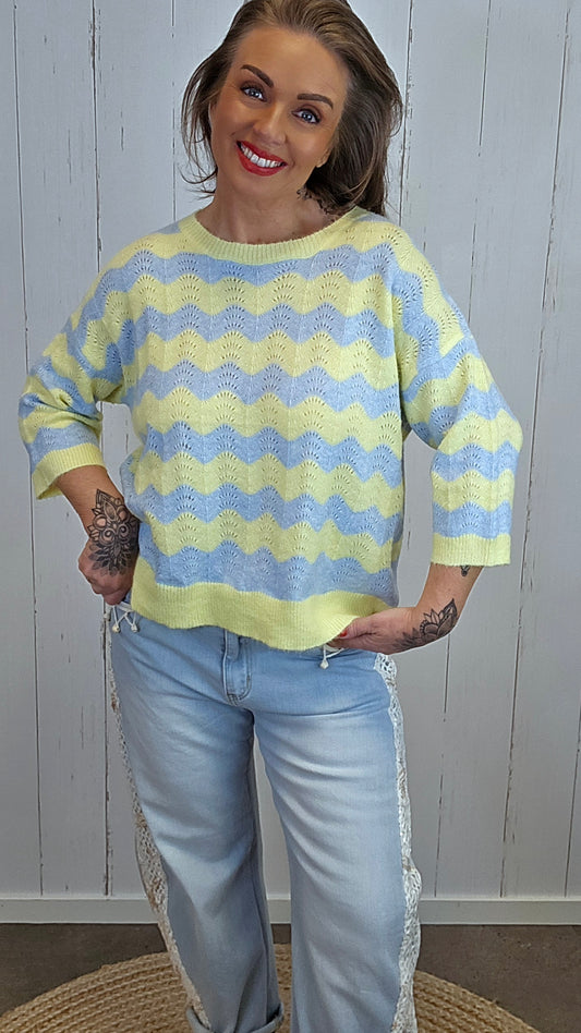 Greta strikkegenser blå/gul