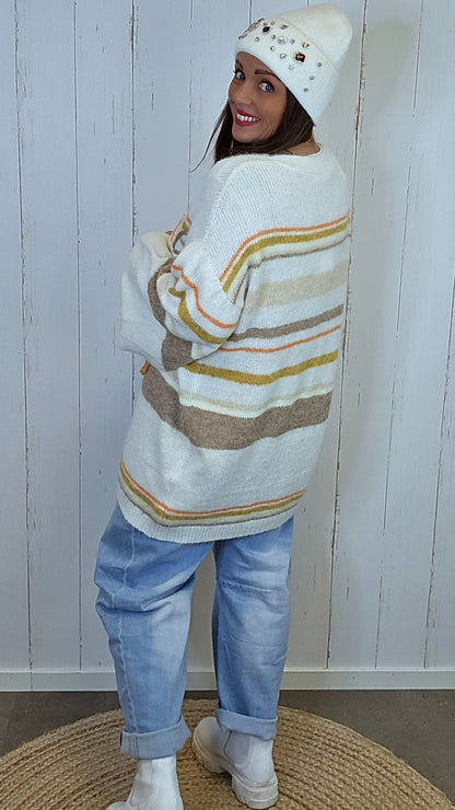 Stripet cardigan med brosje