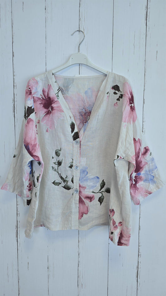 Line linskjorte med blomsterprint beige