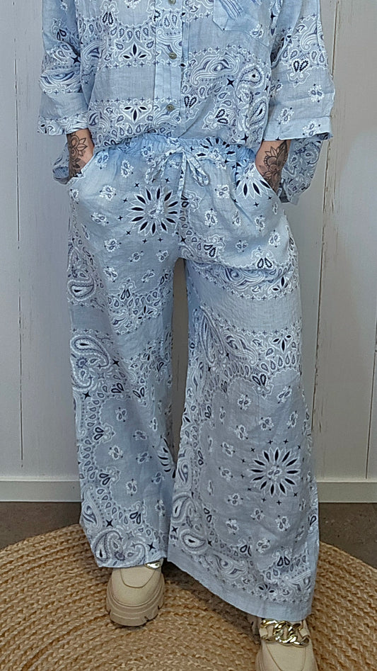 Ella linbukse med mønster Blå