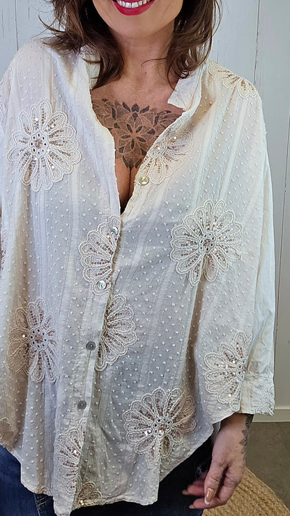 Elise Bomullsskjorte Med Paljettdetaljer Beige