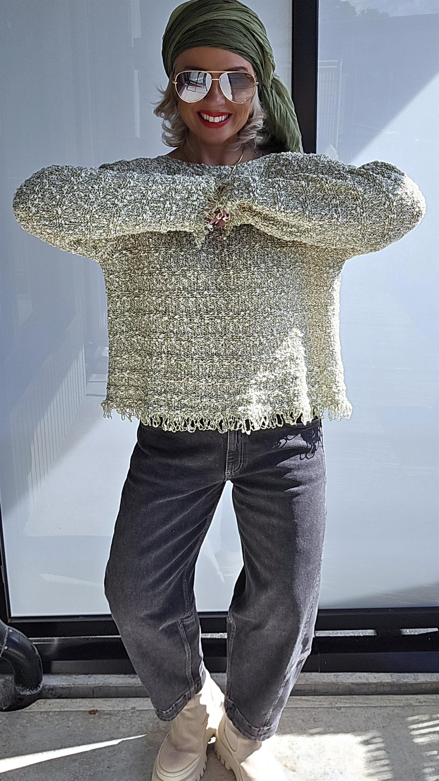 Jacquard cotton pullover green